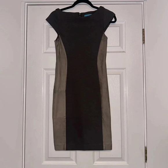 ALICE + OLIVIA Leather Silk Spliced Cap Sleeve Mini sheath Dress​ - Picture 3 of 5